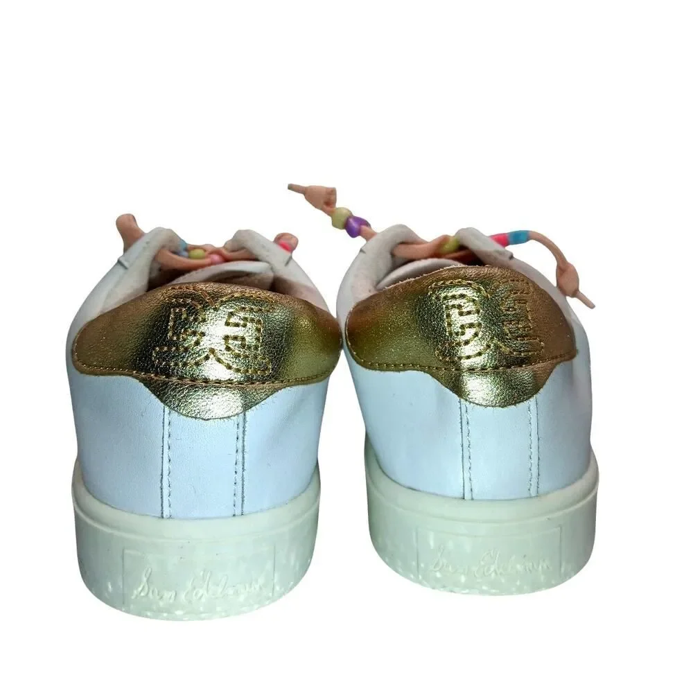 Sam Edelman Girls White & Gold w/Beaded Laces Leather Slip On Sneakers -Size: 4M